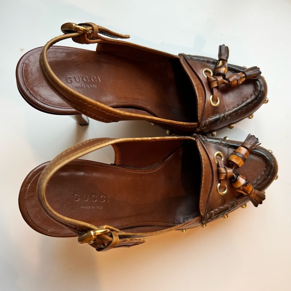 GUCCI Brown Leather Wood Platform Clog Slingback Heel - Picture 3 of 4